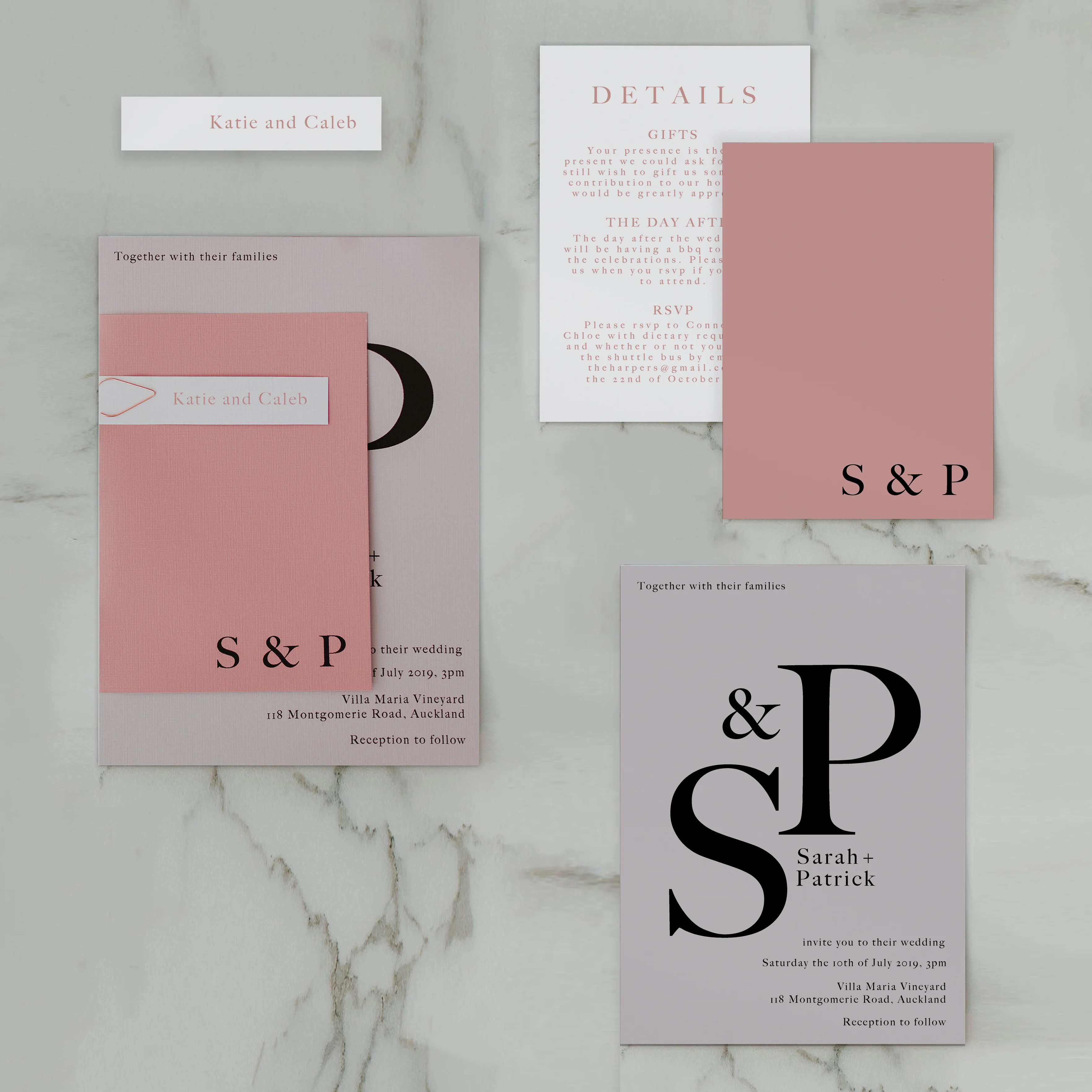 INITIAL WEDDING INVITE SET PINK / GREY - Image 2