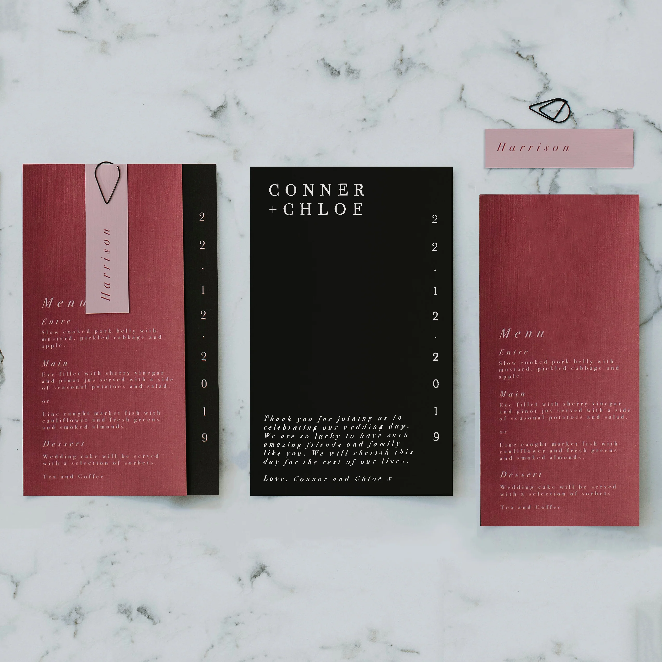 MINIMALIST WEDDING MENU & PLACE NAME SET BURGUNDY - Image 2